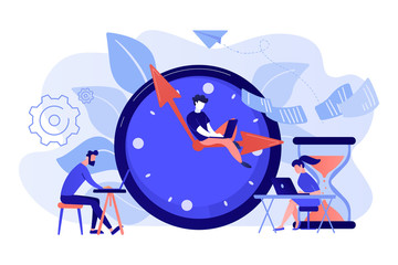 Busy business people with laptops hurry up to complete tasks at huge clock and hourglass. Deadline, project time limit, task due dates concept. Living coral blue vector isolated illustration