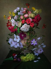 Still life with luxurious bouquet of flowers in Baroque style