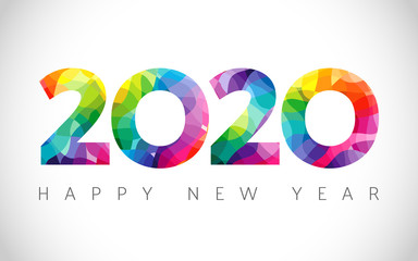2020 A Happy New Year congrats. Stained glass logotype. Abstract isolated graphic design template. Xmas numbers. Coloured emblem. Sale digits, 2 % or up to 20% percent off idea. Calender title.