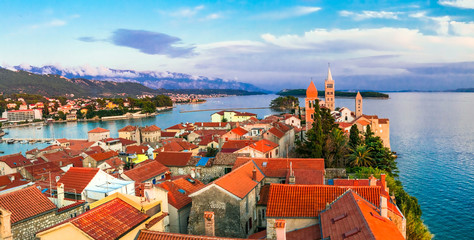 Old town Rab over sunset. Travel in Croatia, Rab island