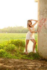 Young Beautiful Cute Girl Fashionable Dress Forest Outdoors Fashion Concept