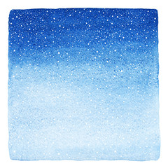 Obraz premium Winter watercolor square gradient background with falling snow splash, spray, dots texture. Christmas, New Year hand drawn painted template with uneven edges. Shades of sky blue watercolour stains.