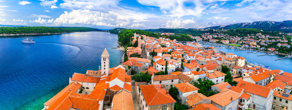 Beautiful Island Rab in Croatia. Townscape panorama from belltower.