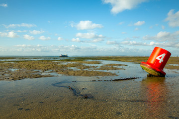 Naklejka premium Marine traffic: red buoy on the foreshore with hovercraft in the background