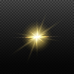 Vector light lens flare effect. Bright golden highlight. Space star explosion. Decorative magic Christmas element.