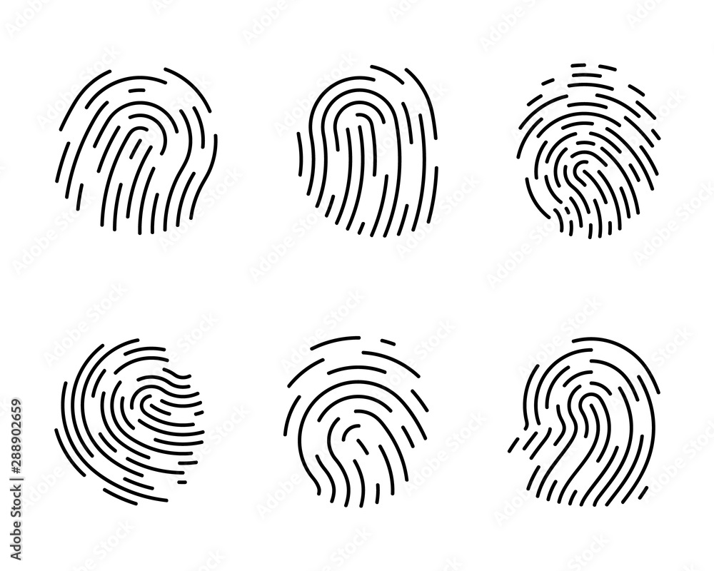 Aufkleber Biometric authorization. Identification Symbol. Fingerprint Scan Icon. Fingerprint types vector set. ID app vector icon. Cyber security