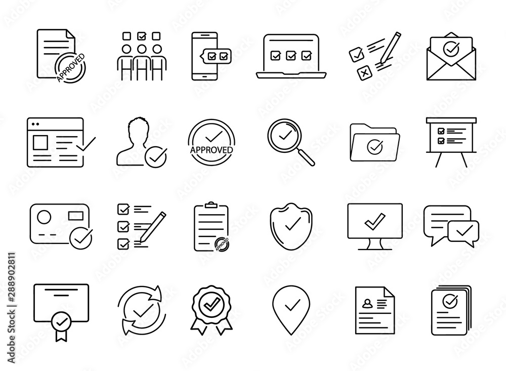 Poster simple set of approved linear icons. check mark icon set. approved outline symbols collection.