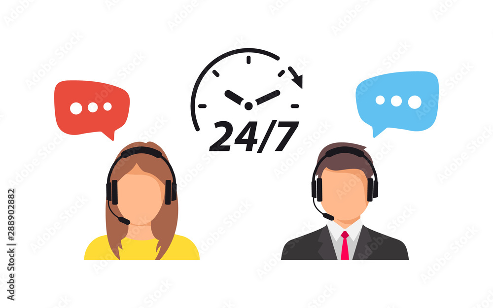 Poster Support service. Call center support 24/7. Operator of call center. Customer service character. Client services and communication. Speech bubbles conceptual of client services and communication. 24/7