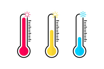 Thermometers with different levels. Celsius and fahrenheit meteorology thermometers measuring heat and cold. Temperature icons set. thermometer icon design template