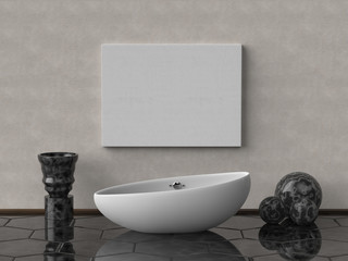 Mock up canvas poster print with white modern bathtub, black marble vase and orb sphere in the room. Empty space for advertising, promotion, social media banners. Black Ground. 3d illustration