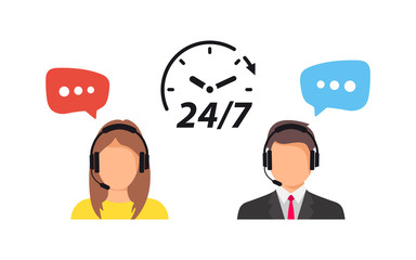 Fototapeta na wymiar Support service. Call center support 24/7. Operator of call center. Customer service character. Client services and communication. Speech bubbles conceptual of client services and communication. 24/7