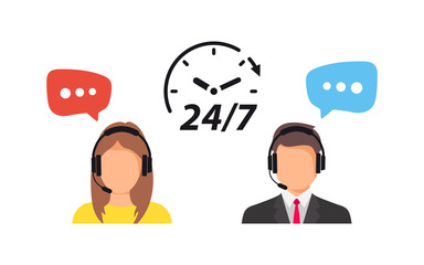 Support service. Call center support 24/7. Operator of call center. Customer service character. Client services and communication. Speech bubbles conceptual of client services and communication. 24/7