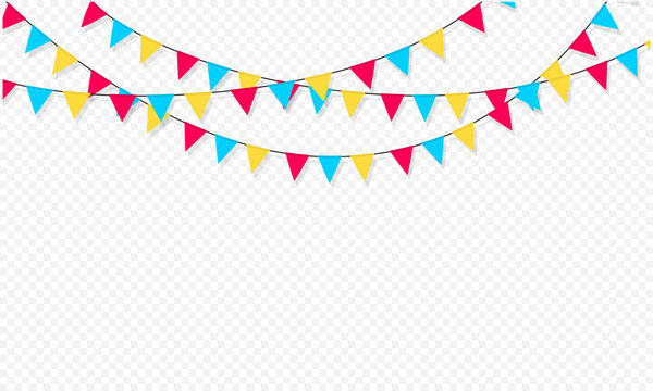 Set of flag garlands. Carnival garland with flags. Decorative colorful party pennants for birthday celebration, festival and fair decoration. Holiday background with hanging flags.