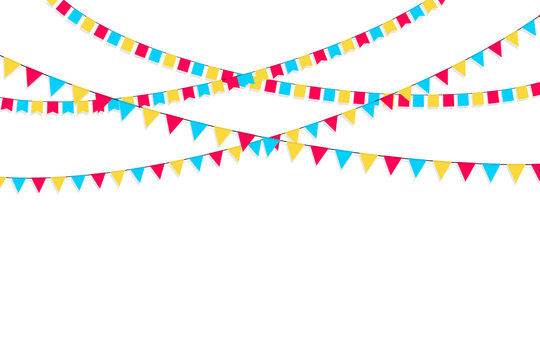 Set of flag garlands. Carnival garland with flags. Decorative colorful party pennants for birthday celebration, festival and fair decoration. Holiday background with hanging flags.