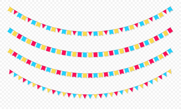 Set of flag garlands. Carnival garland with flags. Decorative colorful party pennants for birthday celebration, festival and fair decoration. Holiday background with hanging flags.