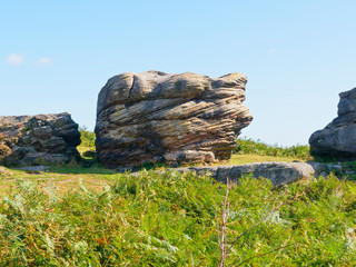 The weathered gritstone rock outcrop known as Defiance on Birchen Edge, one of the Three Ships group of rocks.