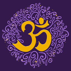 Om symbol decorated with abstract ornament and sparkles. Aum sign on a dark background. Vector illustration
