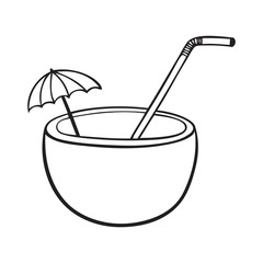 Black and white coconut vector icon with straw and umbrella