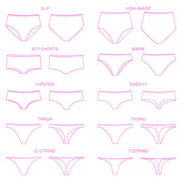 Types of women's panties. Front and behind view. Set of underwear - slip,  high waist, string, thong, tanga, bikini, cheeky, hipster, boyshorts.  Vector illustration Stock Vector