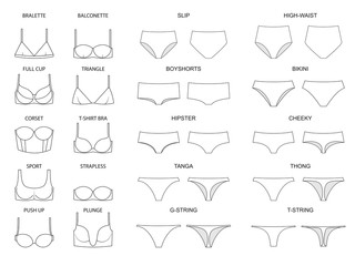 Types of women's panties  and bras. Set of underwear. Vector illustration - obrazy, fototapety, plakaty