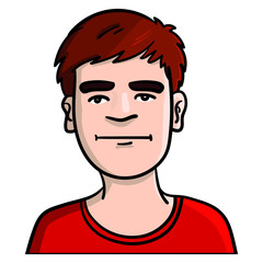 Vector drawing of a boy with brown hair and red t-shirt looking very bored and annoyed. emotions, comic, illustration.