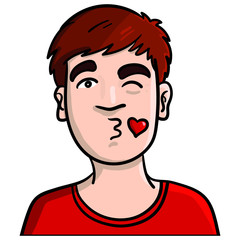 Illustration of a boy winking and giving a kiss. heart, emoji, doodle, red, avatar.