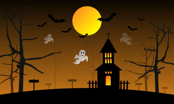 Halloween background with ghosts and a scary house under the full moon, Vector Illustration