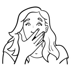 frightened face of a woman with eyes wide open and hand in front of her mouth. long hair, outline, illustration, comic.