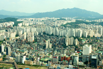 Fototapeta premium Seoul city street view from top in summer