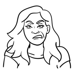 face of a wicked angry woman with evil eye. outline drawing, comic, long hair, monochrome.
