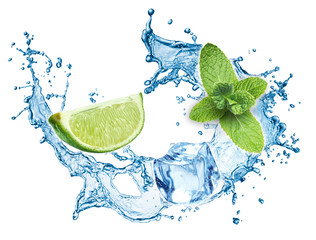 Obraz na płótnie Canvas Blue water splash with lime and mint isolated on white background. 3d
