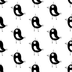 Cute cartoon bird pattern with cheerful birds. Funny vector black and white bird pattern. Seamless monochrome bird pattern for textile, wallpapers, wrapping paper, cards and web.