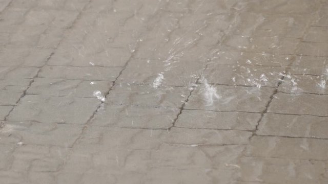Raindrops slow falls at cobblestone into puddle