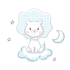 Lion baby cute print. Sweet tiny animal with star, clouds and moon. Little night sky illustration
