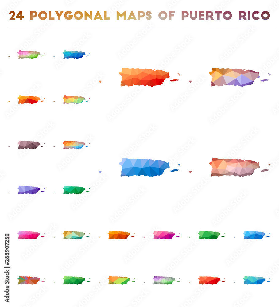Poster set of vector polygonal maps of puerto rico. bright gradient map of the country in low poly style. m