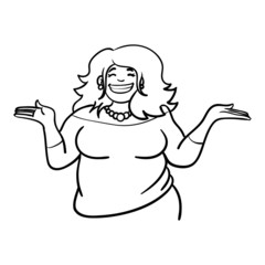 Upper body of a confident fat woman holding her hands up and laughing.  monochrome cartoon illustration.