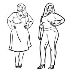 two chubby women with whole bodies who stand confidently and smile.  monochrome cartoon illustration.
