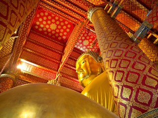 wide landscape shoot ont he giant buddha statue in the temple of Wat Phanan Choeng, Ayutthaya,...