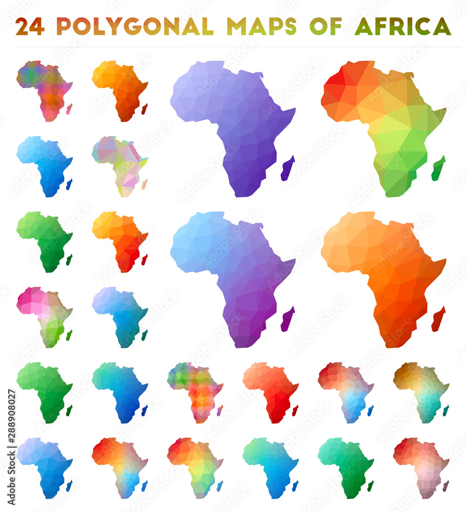 Poster set of vector polygonal maps of africa. bright gradient map of continent in low poly style. multicol