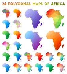 Set of vector polygonal maps of Africa. Bright gradient map of continent in low poly style. Multicolored Africa map in geometric style for your infographics.