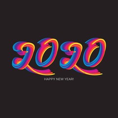 2020 New Year. Colorful Fluid numbers With Stroke. New year illustration on black background.Colorful brushstroke oil or acrylic paint lettering