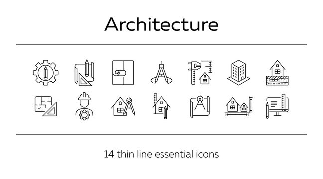 Architecture line icon set. Pencil, ruler, floor plan