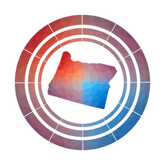 Oregon badge. Bright gradient logo of us state in low poly style. Multicolored Oregon rounded sign with map in geometric style for your infographics.