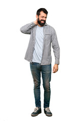 Fototapeta premium Handsome man with beard with neckache over isolated white background