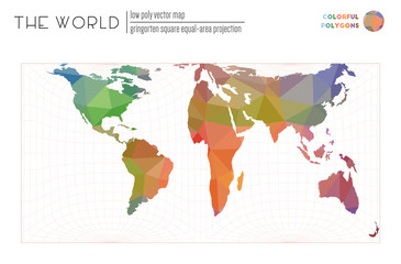 Polygonal world map. Gringorten square equal-area projection of the world. Colorful colored polygons. Neat vector illustration.