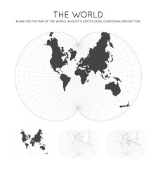 Map of The World. August's epicycloidal conformal projection. Globe with latitude and longitude lines. World map on meridians and parallels background. Vector illustration.