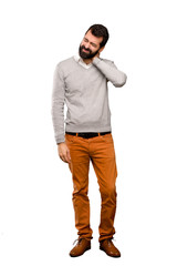 Handsome man with neckache over isolated white background