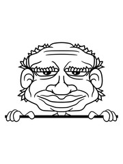 cartoon alter mann text feld name schreiben mauer schild gesicht großer kopf lustig comic clipart design hässlich falten troll goblin