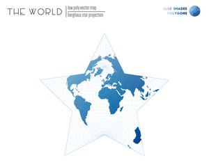 Triangular mesh of the world. Berghaus star projection of the world. Blue Shades colored polygons. Elegant vector illustration.