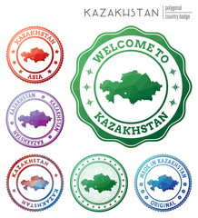 Kazakhstan badge. Colorful polygonal country symbol. Multicolored geometric Kazakhstan logos set. Vector illustration.